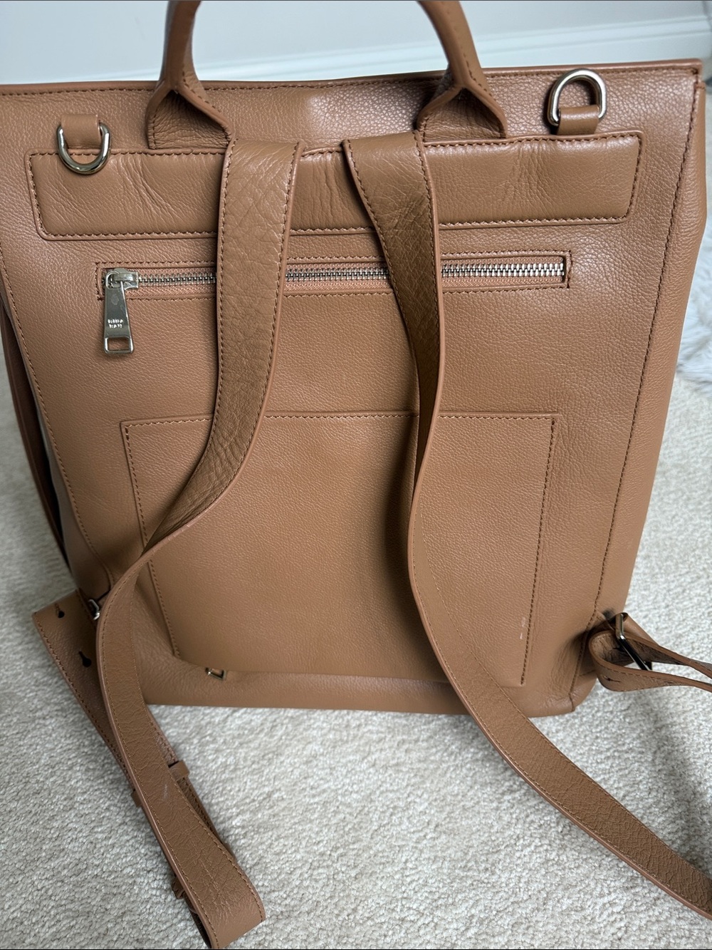 Minimalist Tan Leather Diaper Bag Backpack with Top Handle - Picture 3 of 4